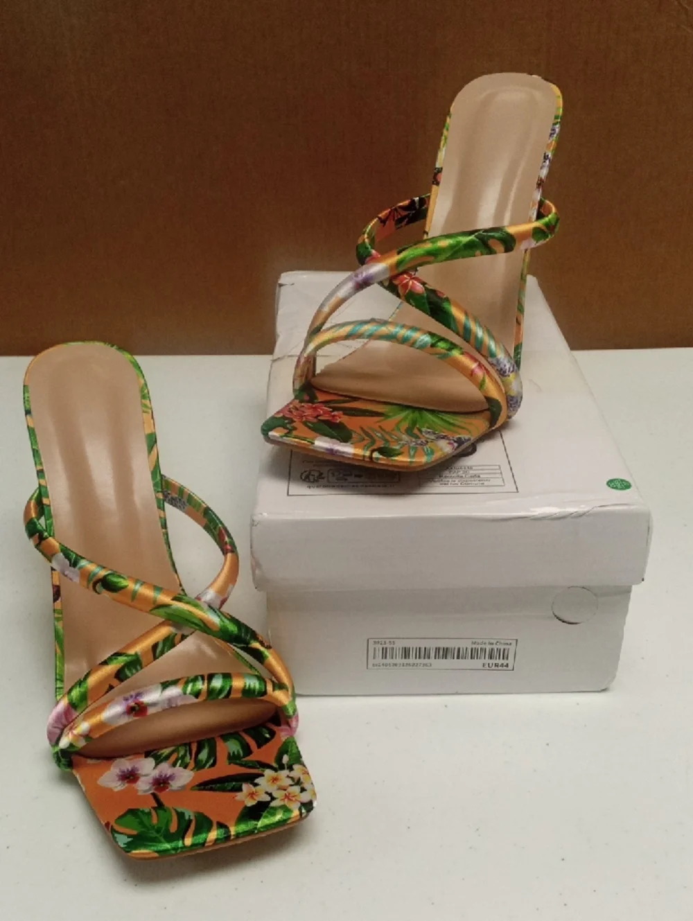 Floral Multicolor Strappy Mule with Gold Sculpted Heel